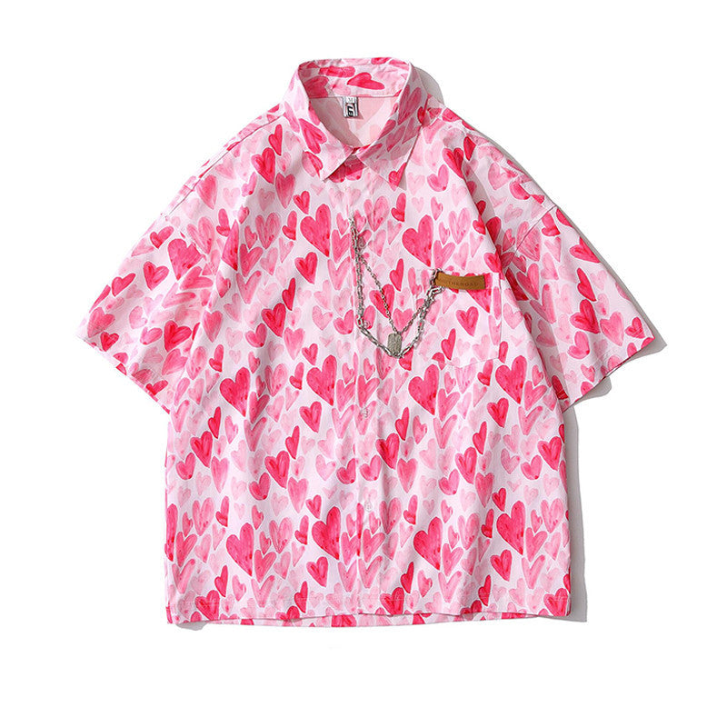 All Over Love Printed Cotton Short-Sleeved Shirt For Men And Women Loose Couples Trend Summer Tops