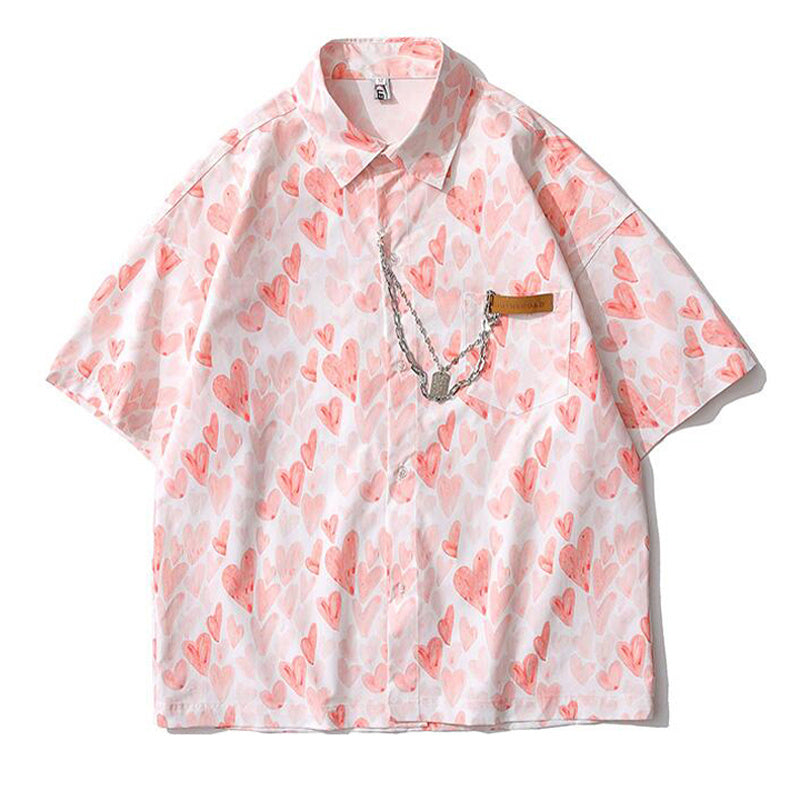 All Over Love Printed Cotton Short-Sleeved Shirt For Men And Women Loose Couples Trend Summer Tops
