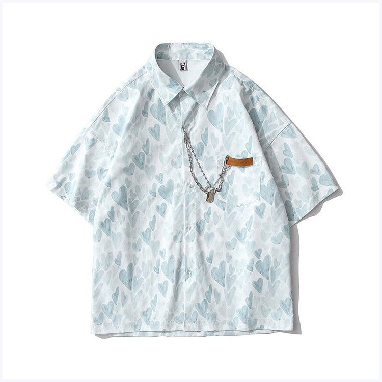 All Over Love Printed Cotton Short-Sleeved Shirt For Men And Women Loose Couples Trend Summer Tops