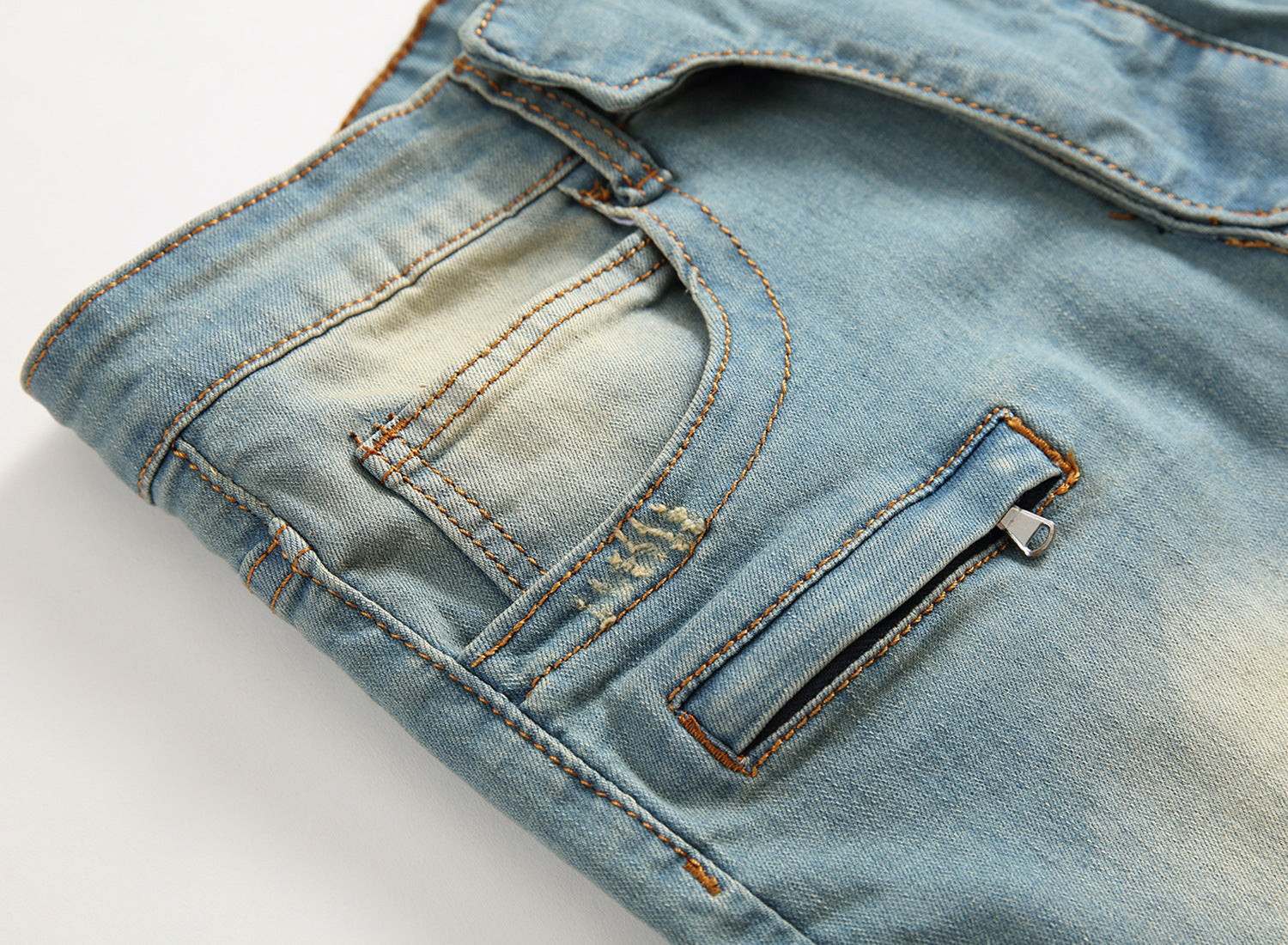 Cross border special for men's zipper, jeans, broken holes, dragging the yellow, nostalgic men, Europe and America high street stretch pants