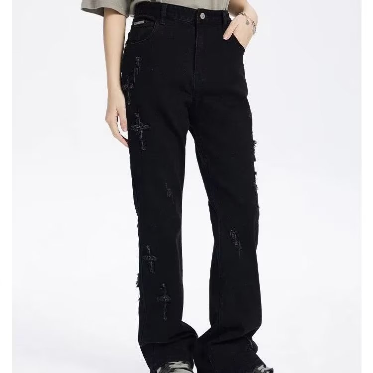 Patch Cross Star Washed American High Street Jeans Men's Loose Straight Embroidered Pants Men