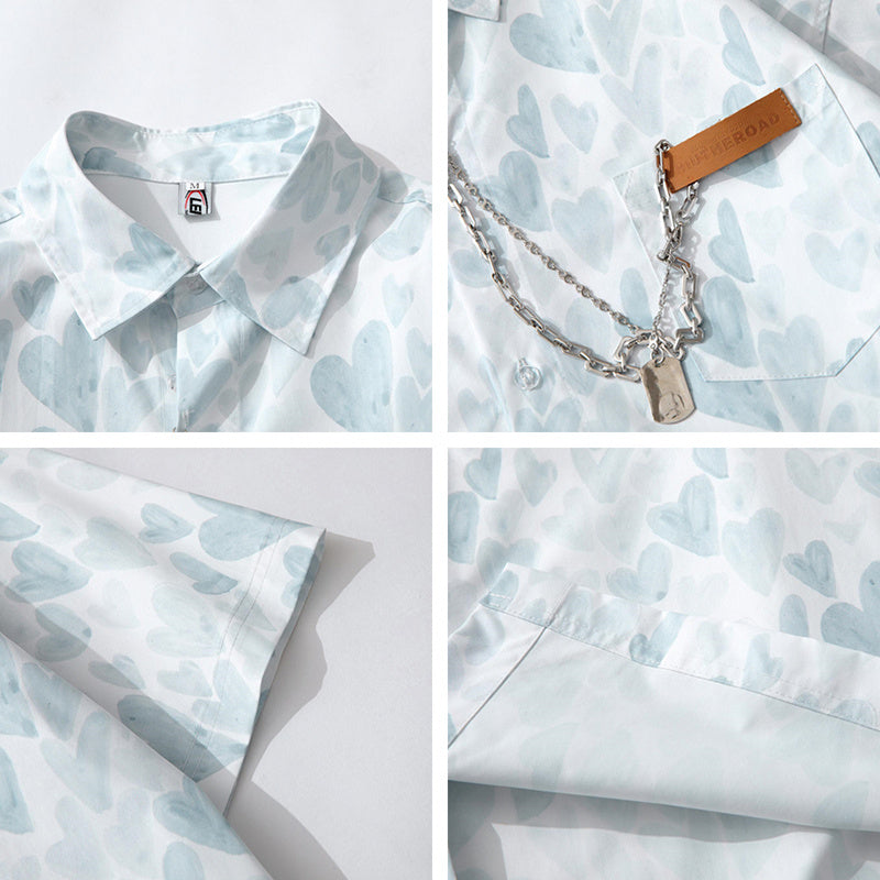 All Over Love Printed Cotton Short-Sleeved Shirt For Men And Women Loose Couples Trend Summer Tops
