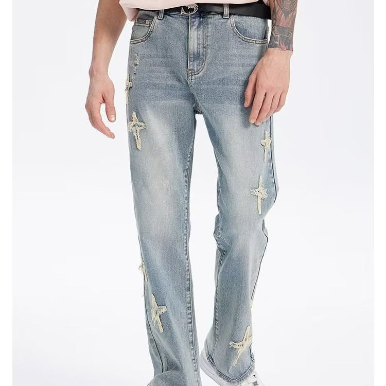 Patch Cross Star Washed American High Street Jeans Men's Loose Straight Embroidered Pants Men
