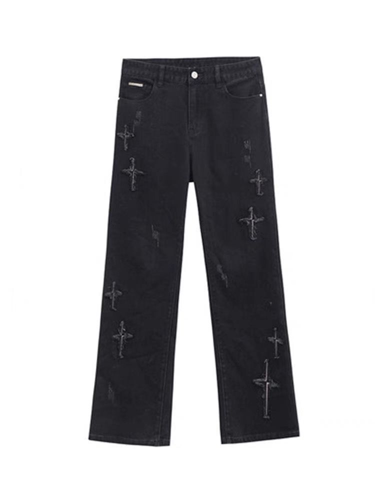 Patch Cross Star Washed American High Street Jeans Men's Loose Straight Embroidered Pants Men