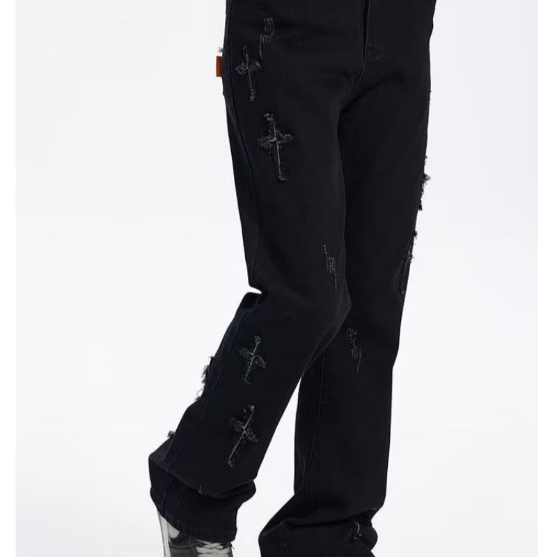 Patch Cross Star Washed American High Street Jeans Men's Loose Straight Embroidered Pants Men
